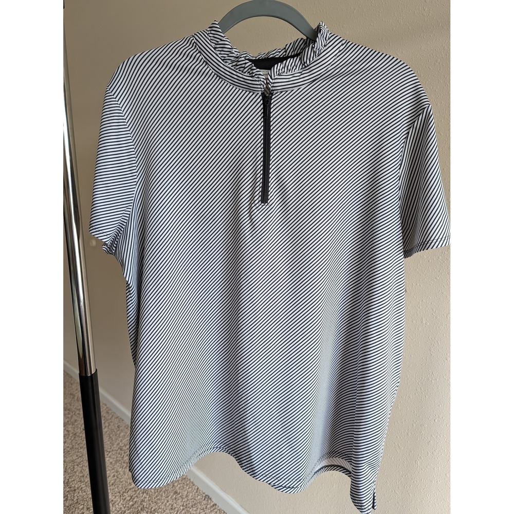 Chico's Black White Diagonal Stripe Ruffle Mock Neck Quarter Zip Top Womens 3 XL
